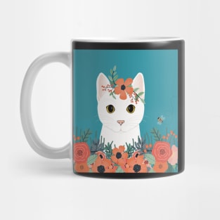 The cute white cat queen is watching you from the flowerbed Mug